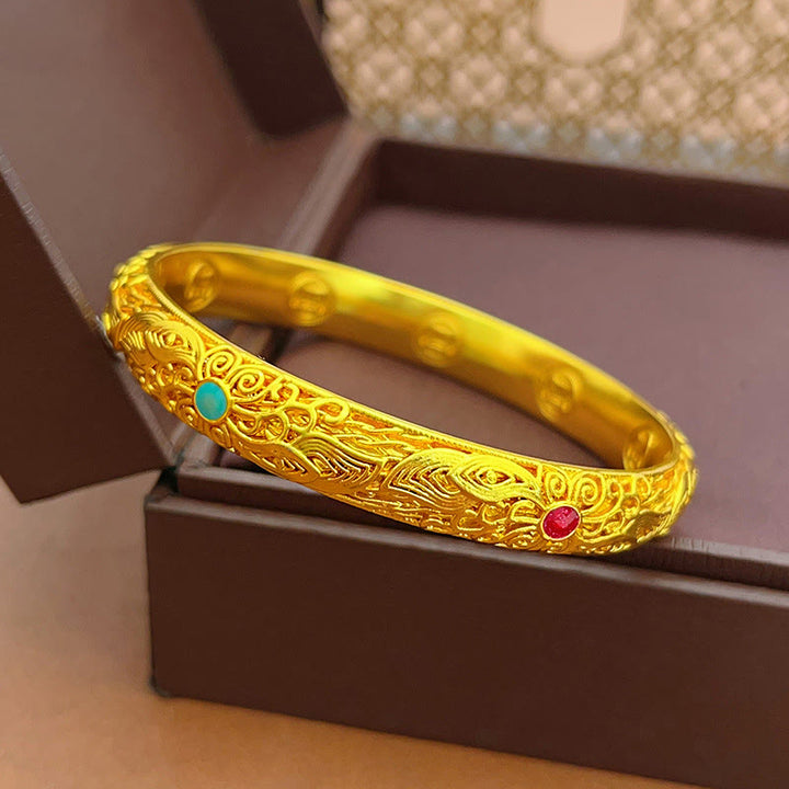 Bracelet jonc porte-bonheur en Buddha Stones , plaqué or, fleurs et feuilles