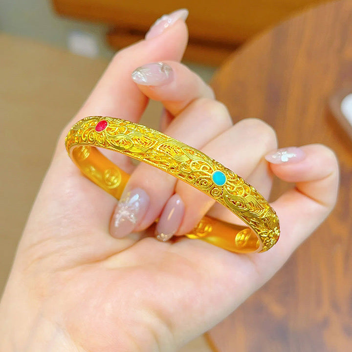 Bracelet jonc porte-bonheur en Buddha Stones , plaqué or, fleurs et feuilles