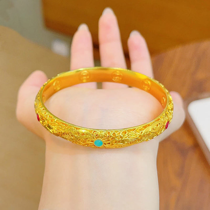 Bracelet jonc porte-bonheur en Buddha Stones , plaqué or, fleurs et feuilles