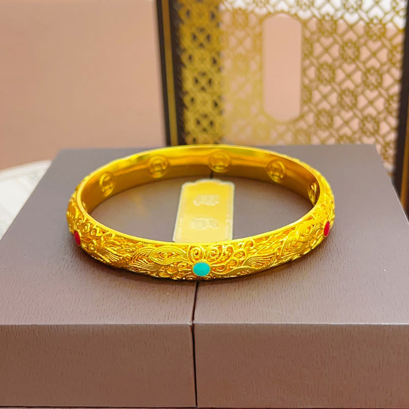 Bracelet jonc porte-bonheur en Buddha Stones , plaqué or, fleurs et feuilles
