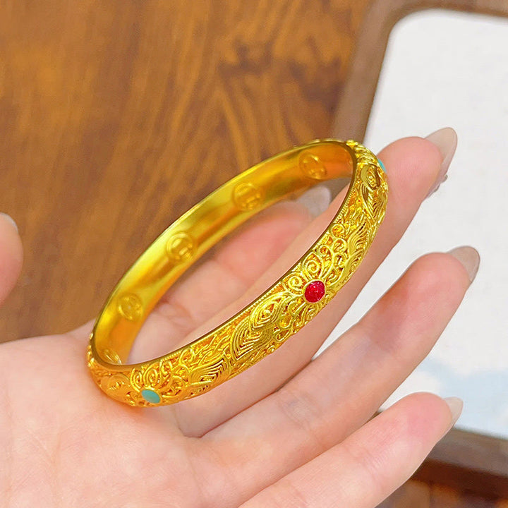 Bracelet jonc porte-bonheur en Buddha Stones , plaqué or, fleurs et feuilles