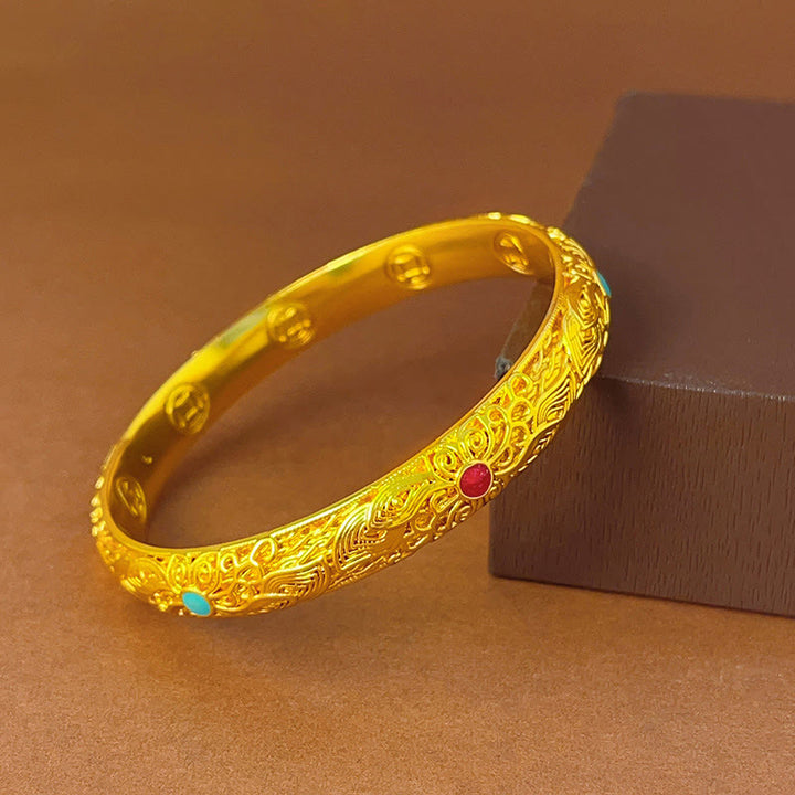 Bracelet jonc porte-bonheur en Buddha Stones , plaqué or, fleurs et feuilles