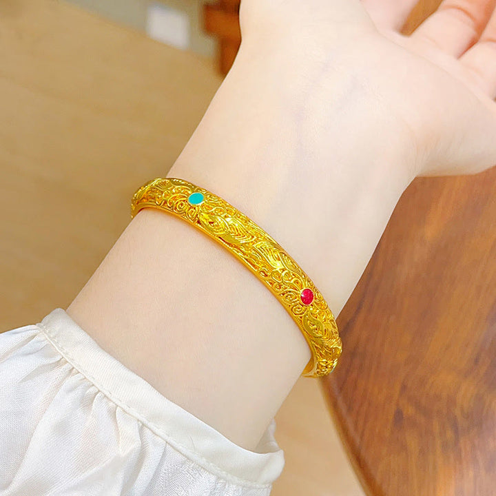 Bracelet jonc porte-bonheur en Buddha Stones , plaqué or, fleurs et feuilles