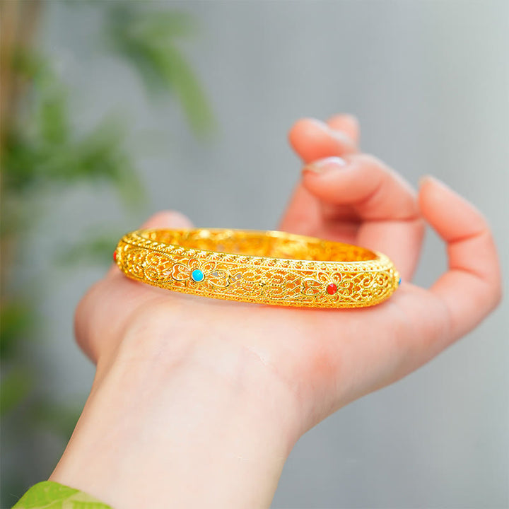 Bracelet jonc porte-bonheur en Buddha Stones , plaqué cuivre et or, motif fleurs et vigne, 62 mm