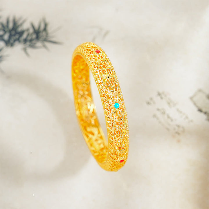 Bracelet jonc porte-bonheur en Buddha Stones , plaqué cuivre et or, motif fleurs et vigne, 62 mm