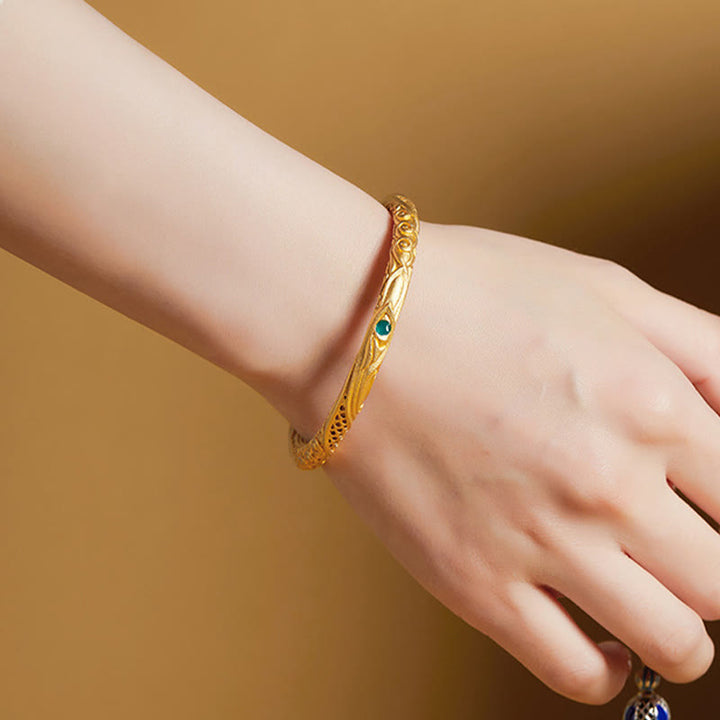 Bracelet jonc en argent sterling 999 avec Buddha Stones et motif de fleurs creuses dorées