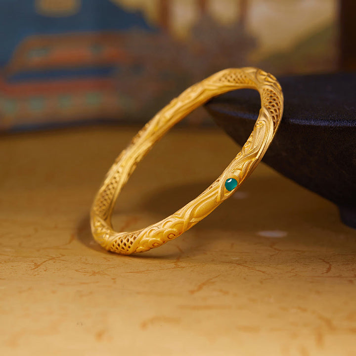 Bracelet jonc en argent sterling 999 avec Buddha Stones et motif de fleurs creuses dorées - 59 mm - image 0