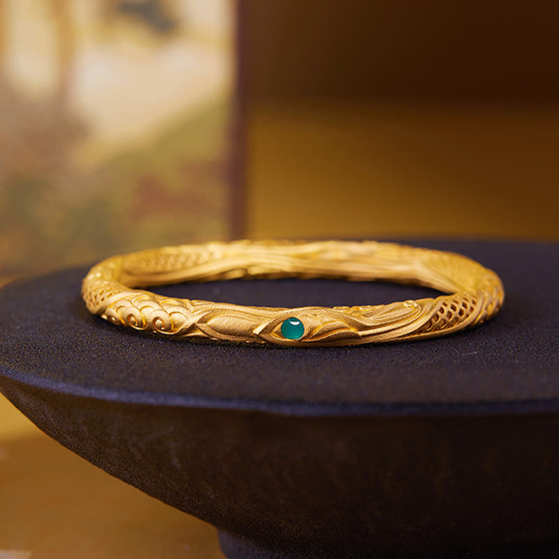 Bracelet jonc en argent sterling 999 avec Buddha Stones et motif de fleurs creuses dorées - image 1