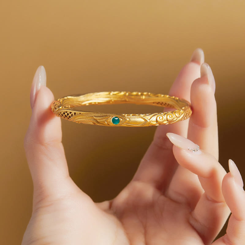 Bracelet jonc en argent sterling 999 avec Buddha Stones et motif de fleurs creuses dorées - image 3