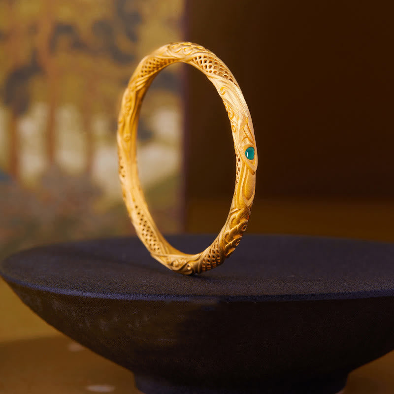 Bracelet jonc en argent sterling 999 avec Buddha Stones et motif de fleurs creuses dorées - image 2