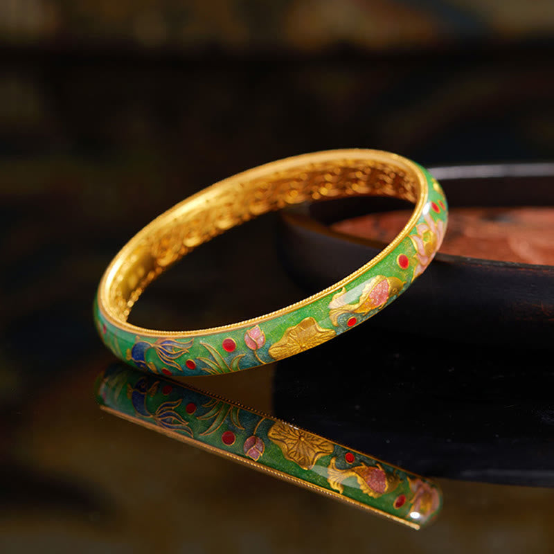 Bracelet jonc en argent sterling 999 avec Buddha Stones , motif poisson koï et lotus creux, 58 mm - image 1