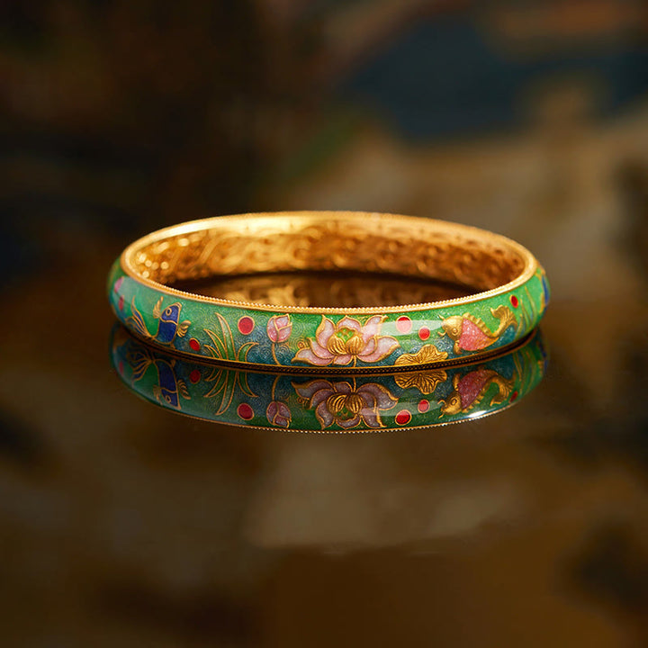 Bracelet jonc en argent sterling 999 avec Buddha Stones , motif poisson koï et lotus creux, 58 mm - 58 mm - image 0