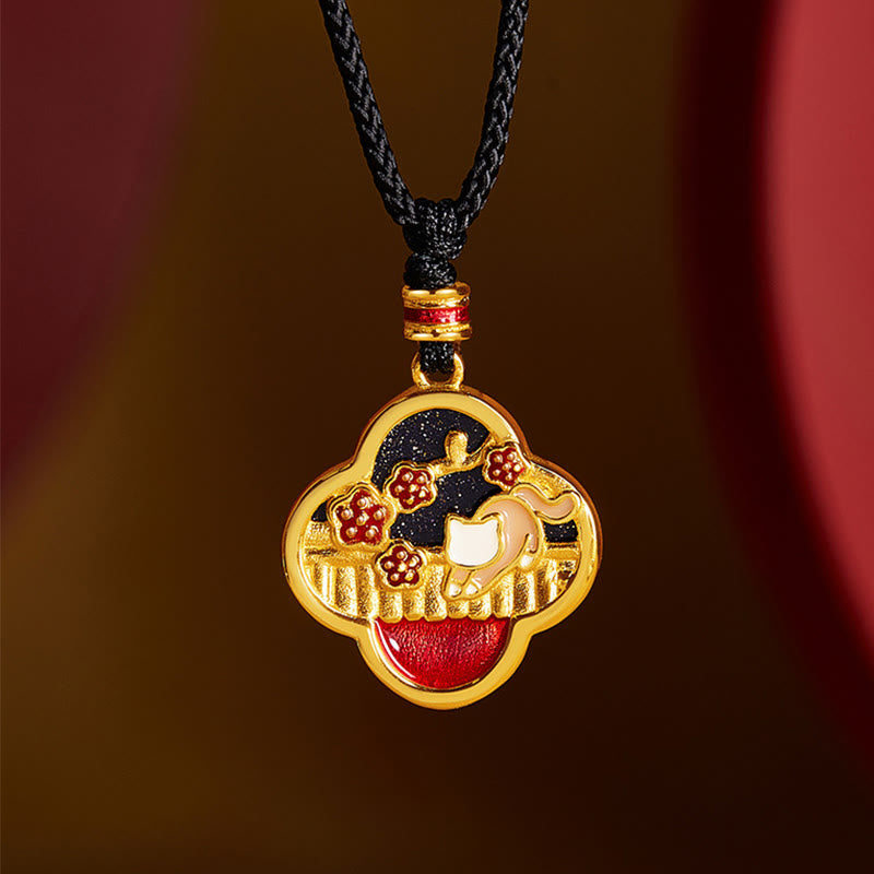 Collier avec pendentif en argent sterling 925 et pierre de Buddha Stones , motif trèfle à quatre feuilles et fleur de prunier - Argent sterling 925 - image 0