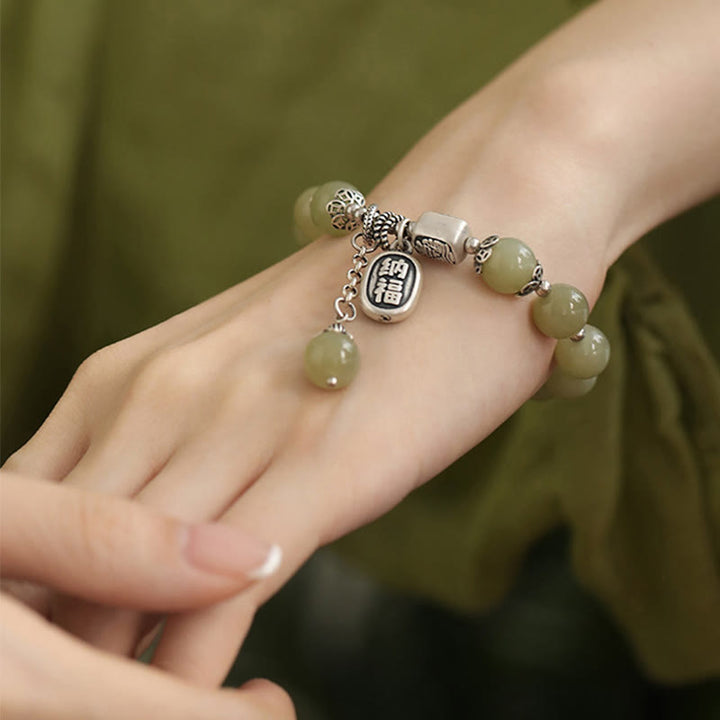 Bracelet porte-bonheur en argent sterling 925 et perles de jade Hetian avec Buddha Stones