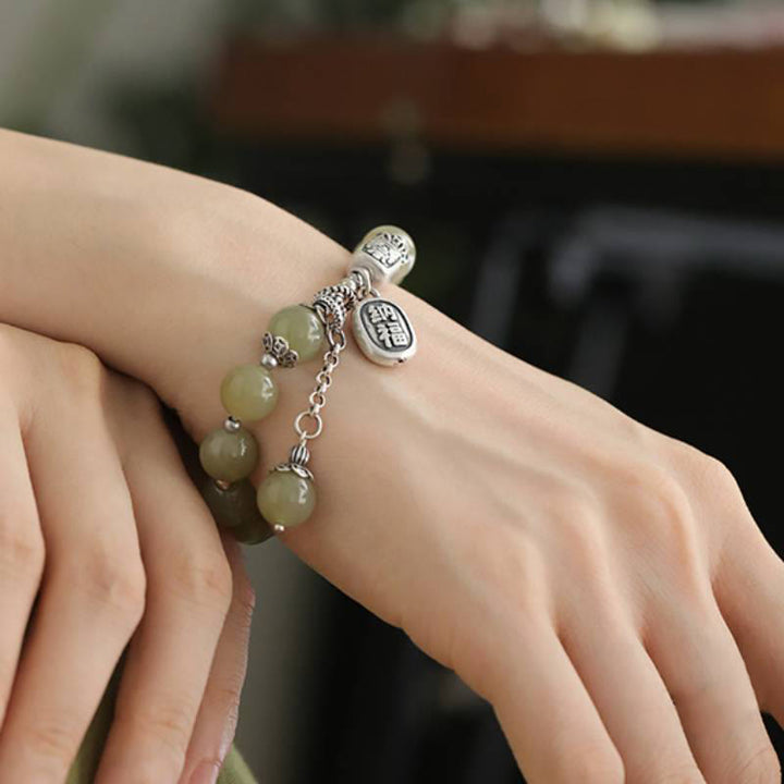 Bracelet porte-bonheur en argent sterling 925 et perles de jade Hetian avec Buddha Stones