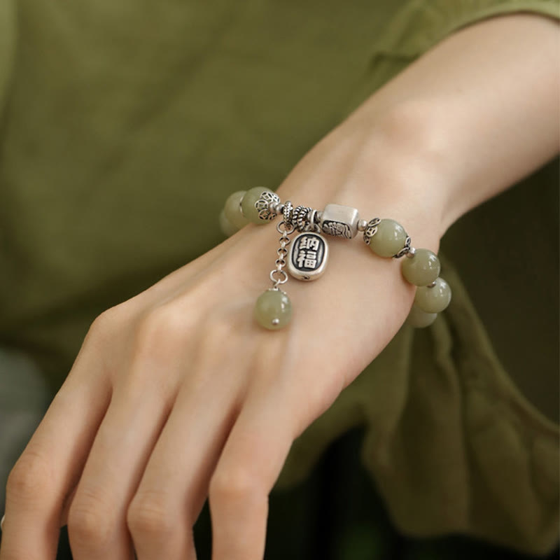 Bracelet porte-bonheur en argent sterling 925 et perles de jade Hetian avec Buddha Stones