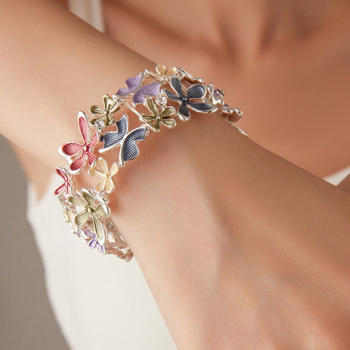 Bracelet élastique en alliage avec Buddha Stones, papillons colorés, fleurs et amour