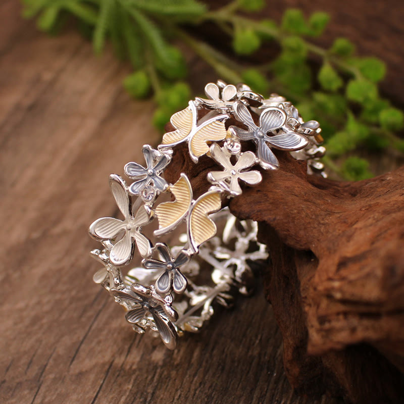 Bracelet élastique en alliage avec Buddha Stones, papillons colorés, fleurs et amour