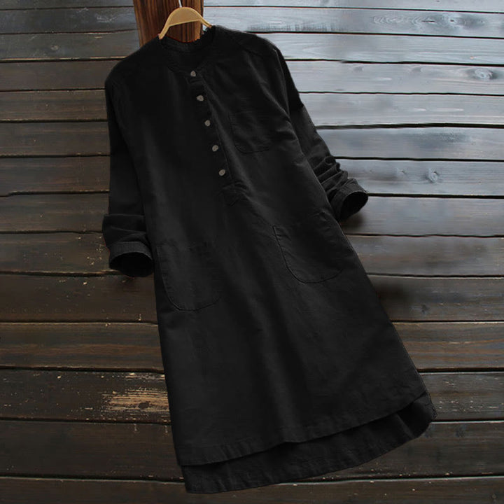 Robe chemise en coton et lin à manches longues et Buddha Stones unis pour femme avec poches