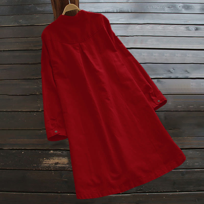 Robe chemise en coton et lin à manches longues et Buddha Stones unis pour femme avec poches
