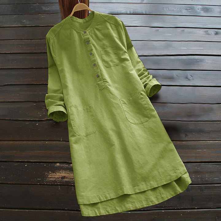Robe chemise en coton et lin à manches longues et Buddha Stones unis pour femme avec poches