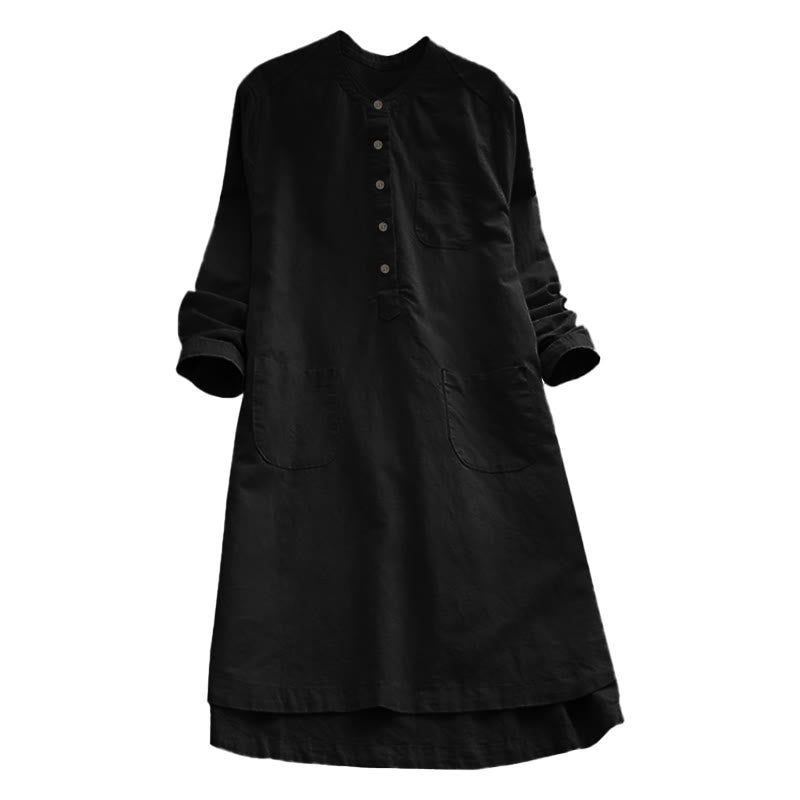 Robe chemise en coton et lin à manches longues et Buddha Stones unis pour femme avec poches