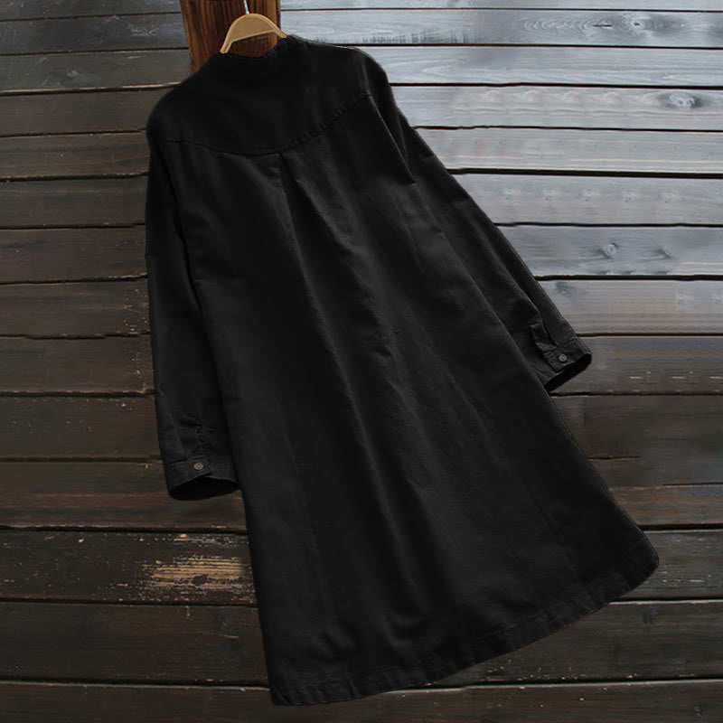 Robe chemise en coton et lin à manches longues et Buddha Stones unis pour femme avec poches
