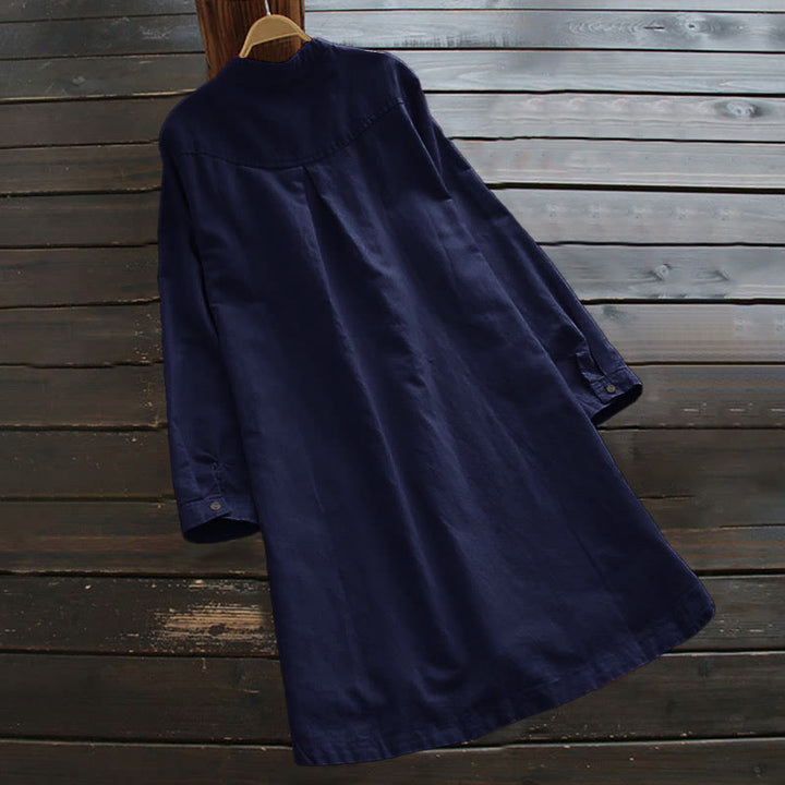 Robe chemise en coton et lin à manches longues et Buddha Stones unis pour femme avec poches