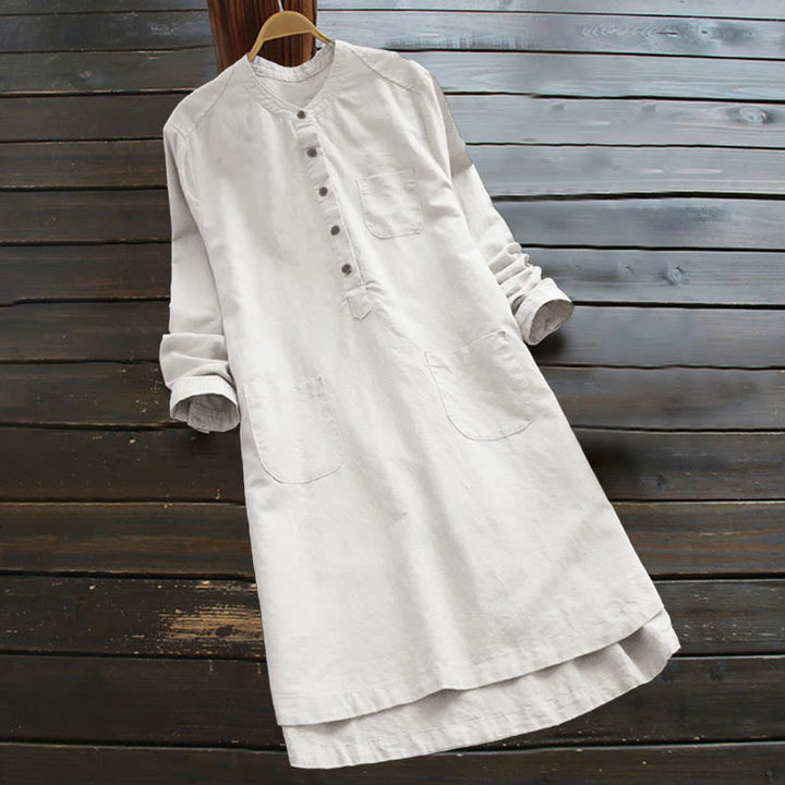 Robe chemise en coton et lin à manches longues et Buddha Stones unis pour femme avec poches