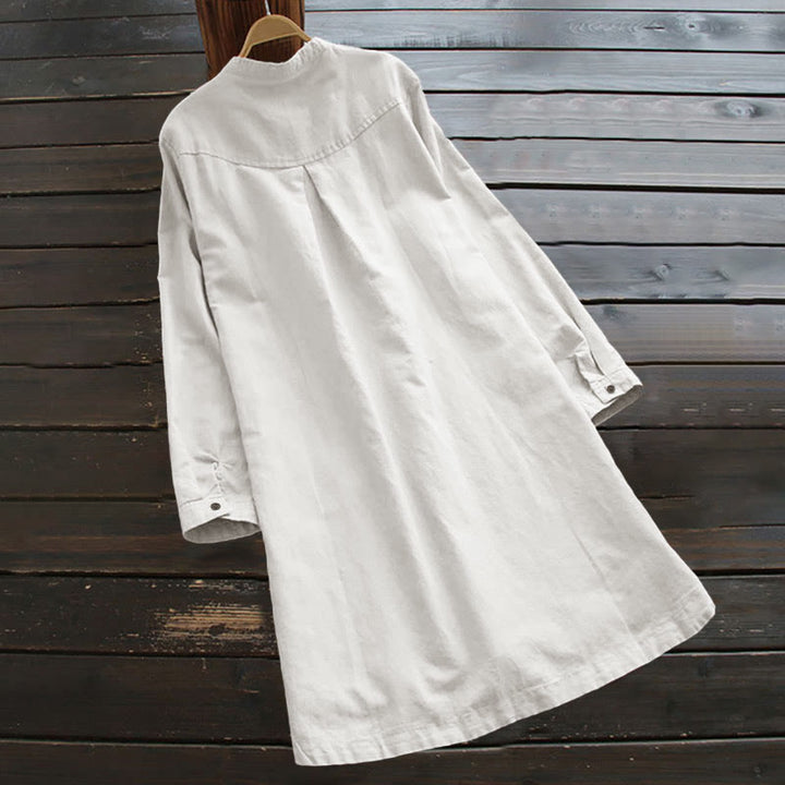 Robe chemise en coton et lin à manches longues et Buddha Stones unis pour femme avec poches