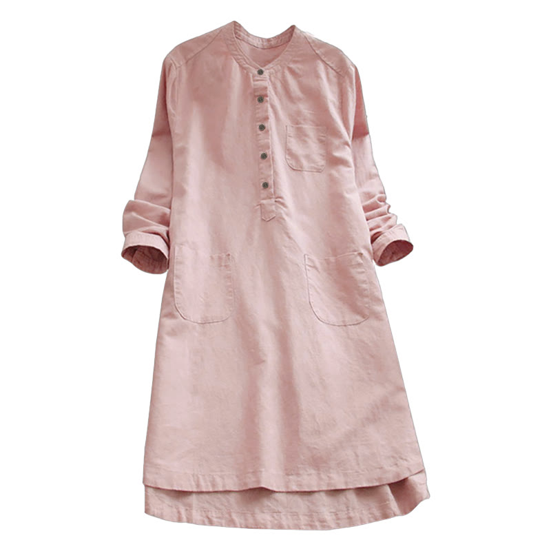 Robe chemise en coton et lin à manches longues et Buddha Stones unis pour femme avec poches