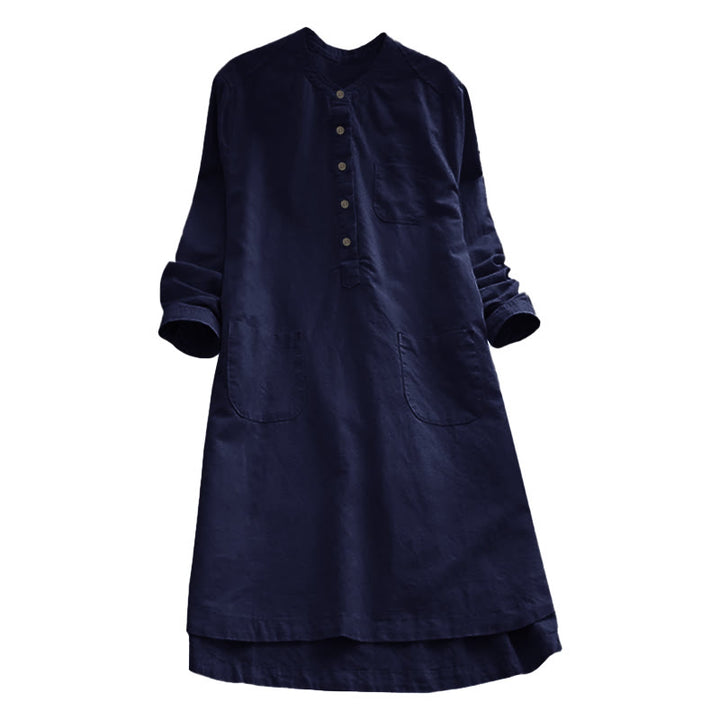 Robe chemise en coton et lin à manches longues et Buddha Stones unis pour femme avec poches