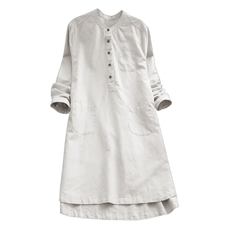 Robe chemise en coton et lin à manches longues et Buddha Stones unis pour femme avec poches