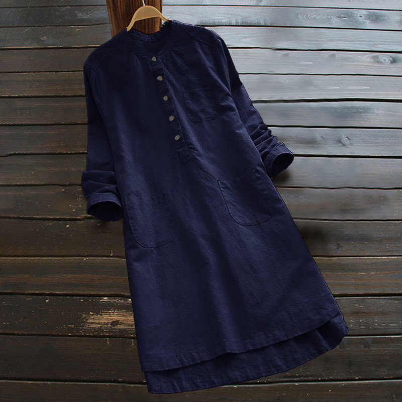 Robe chemise en coton et lin à manches longues et Buddha Stones unis pour femme avec poches