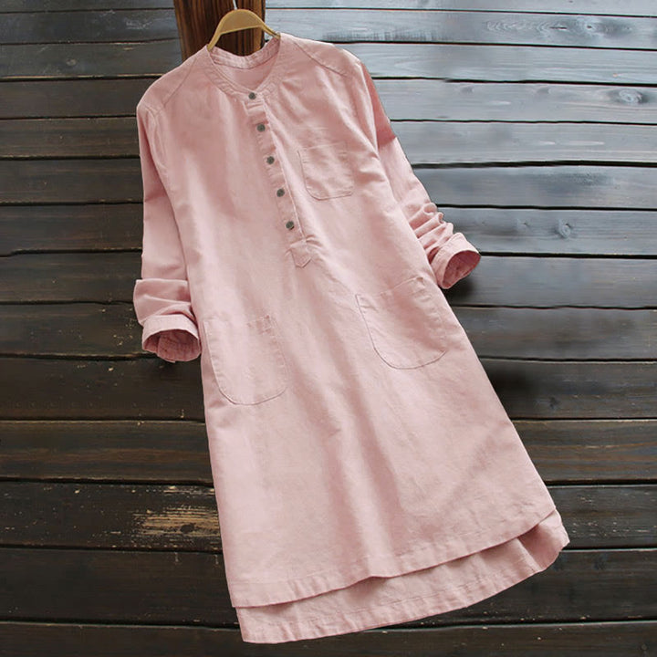 Robe chemise en coton et lin à manches longues et Buddha Stones unis pour femme avec poches