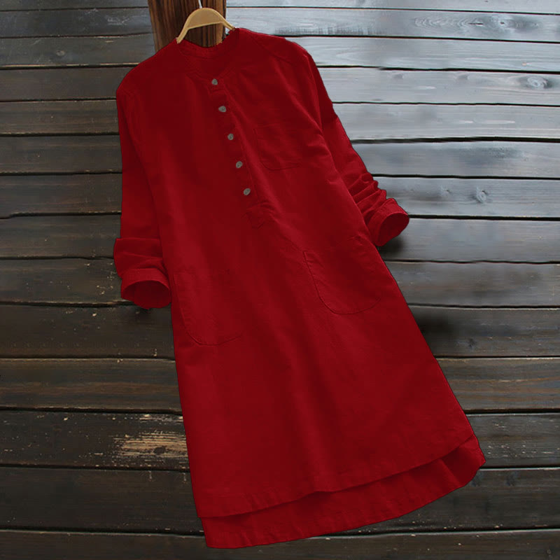Robe chemise en coton et lin à manches longues et Buddha Stones unis pour femme avec poches