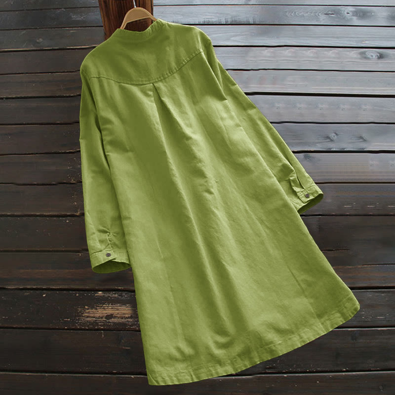 Robe chemise en coton et lin à manches longues et Buddha Stones unis pour femme avec poches