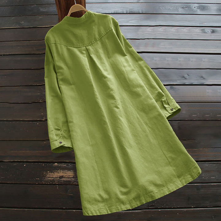 Robe chemise en coton et lin à manches longues et Buddha Stones unis pour femme avec poches
