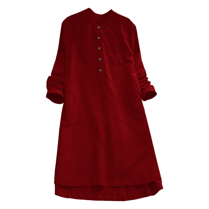 Robe chemise en coton et lin à manches longues et Buddha Stones unis pour femme avec poches