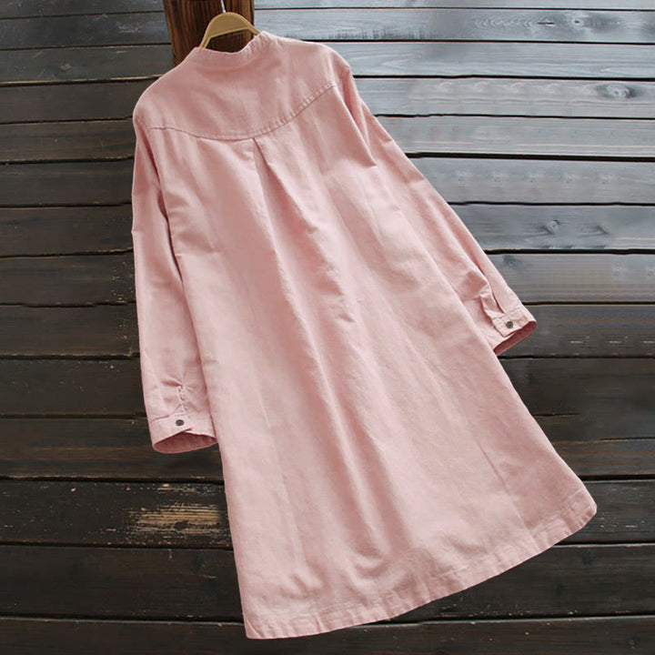 Robe chemise en coton et lin à manches longues et Buddha Stones unis pour femme avec poches