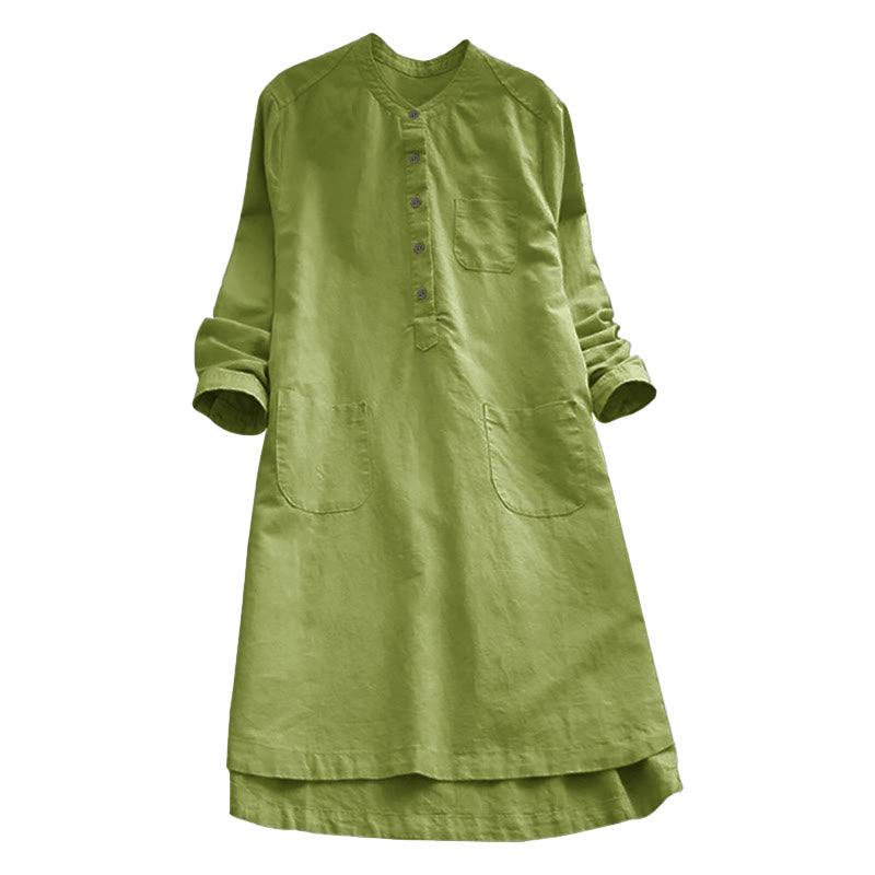 Robe chemise en coton et lin à manches longues et Buddha Stones unis pour femme avec poches