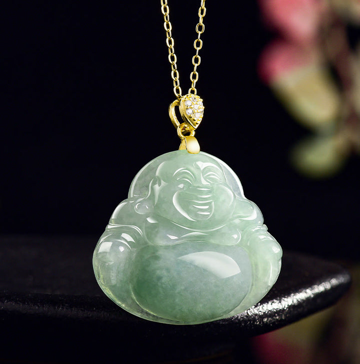 Collier Buddha Stones rieur en jade naturel, pierre de Bouddha, symbole de chance et de prospérité, chaîne en acier titane. - image 1