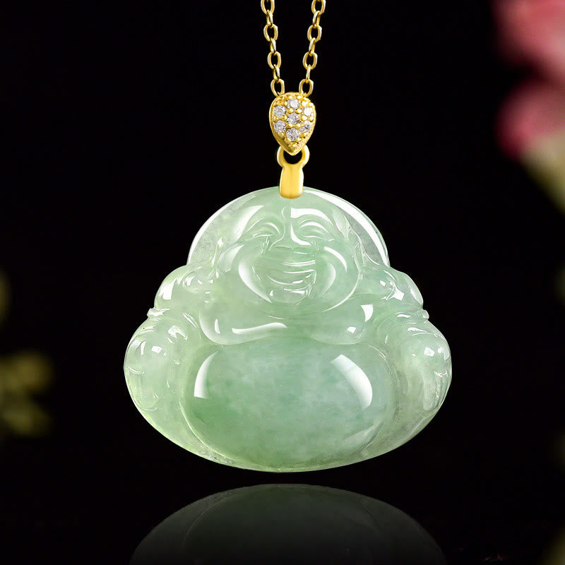 Collier Buddha Stones rieur en jade naturel, pierre de Bouddha, symbole de chance et de prospérité, chaîne en acier titane. - Jade (Prospérité ♥ Abondance) - image 0