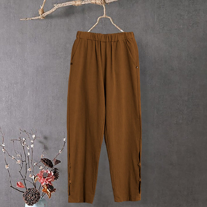Pantalon décontracté en coton et lin pour femme, couleur pure, Buddha Stones boutons creux et poches