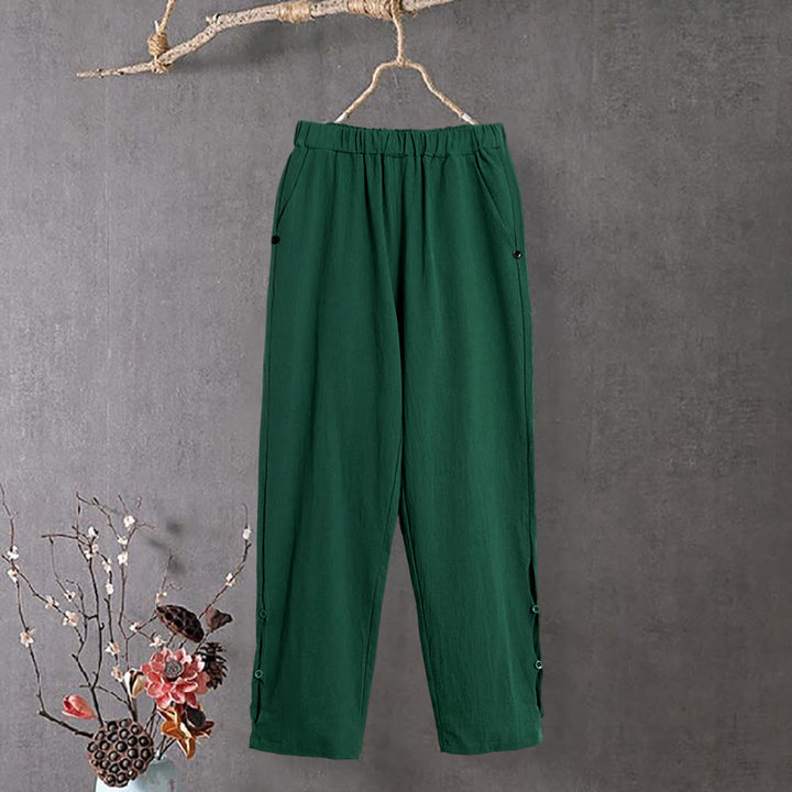 Pantalon décontracté en coton et lin pour femme, couleur pure, Buddha Stones boutons creux et poches