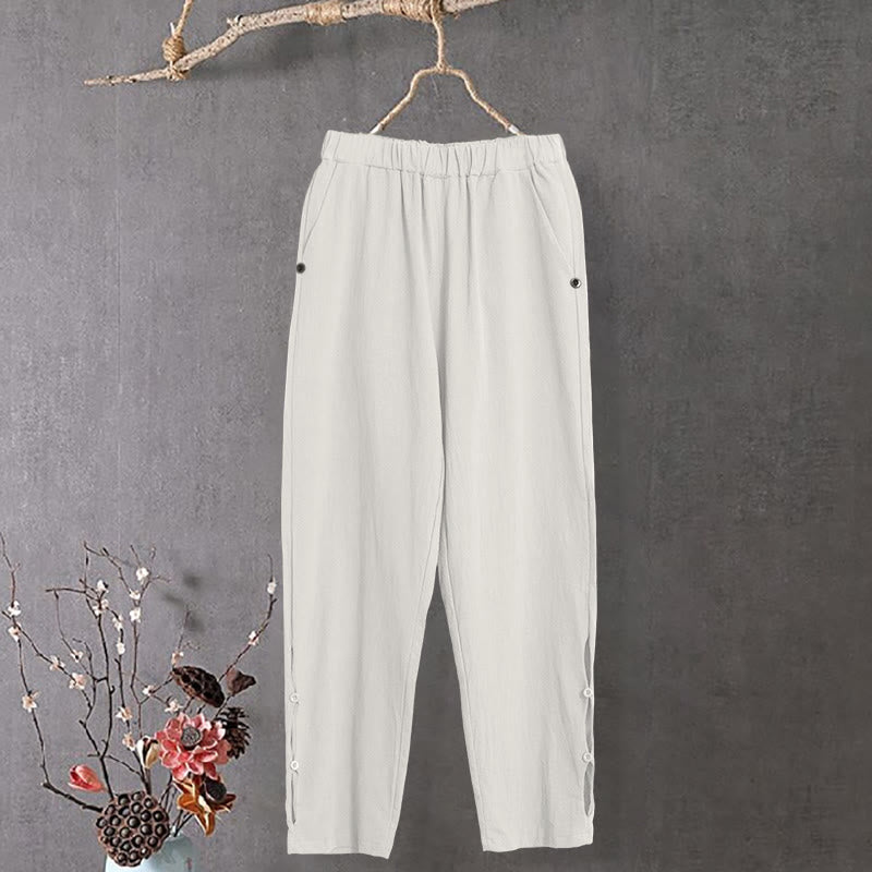 Pantalon décontracté en coton et lin pour femme, couleur pure, Buddha Stones boutons creux et poches - image 9