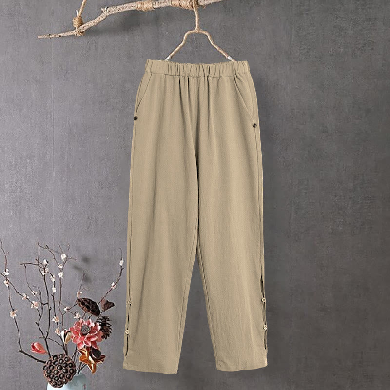 Pantalon décontracté en coton et lin pour femme, couleur pure, Buddha Stones boutons creux et poches - image 0