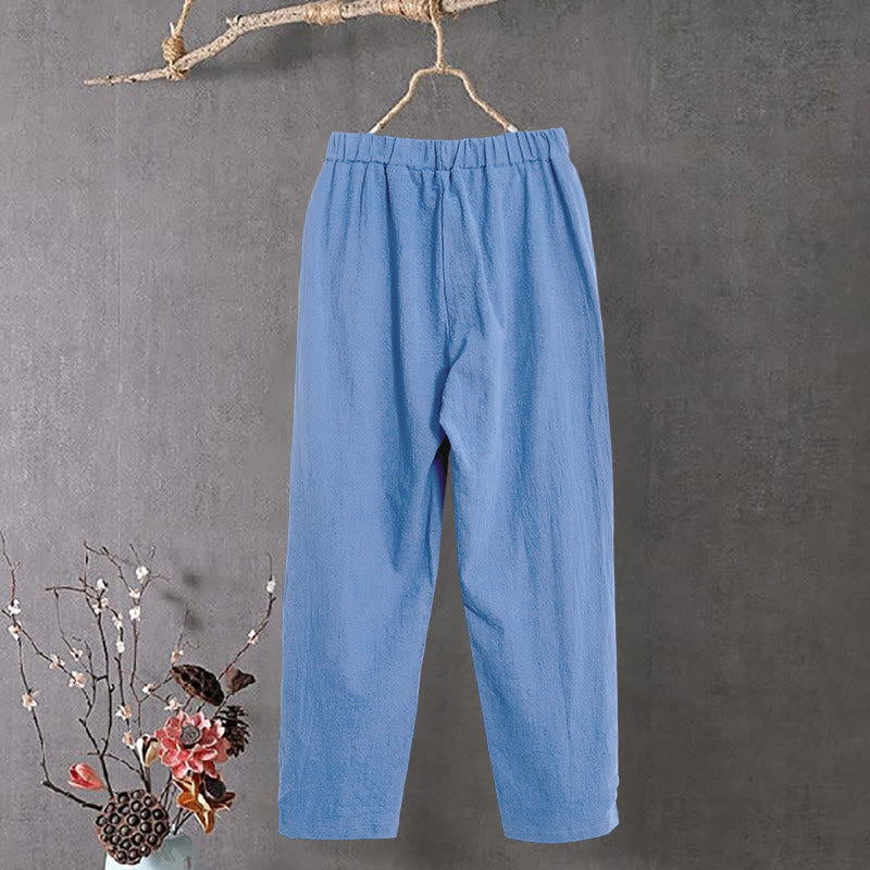 Pantalon décontracté en coton et lin pour femme, couleur pure, Buddha Stones boutons creux et poches