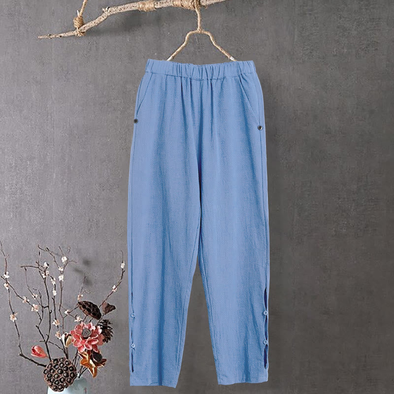 Pantalon décontracté en coton et lin pour femme, couleur pure, Buddha Stones boutons creux et poches