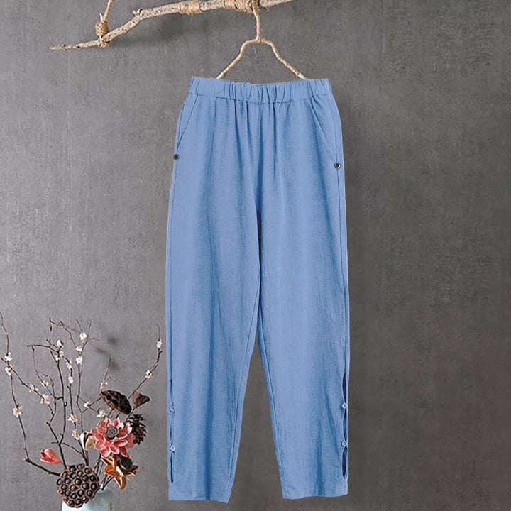 Pantalon décontracté en coton et lin pour femme, couleur pure, Buddha Stones boutons creux et poches